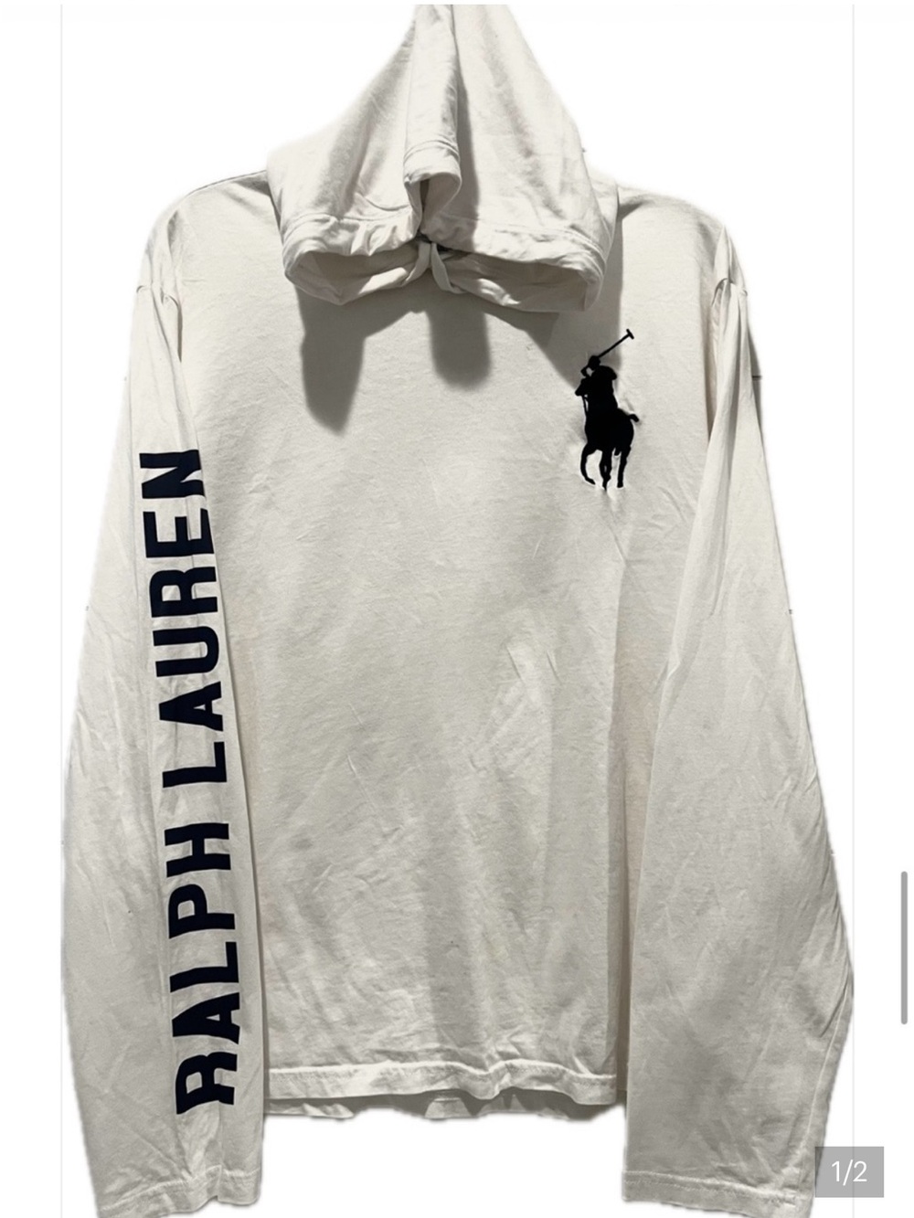 Polo by Ralph Lauren Cream Long Sleeve Hoodie with Navy Logo Sz. L